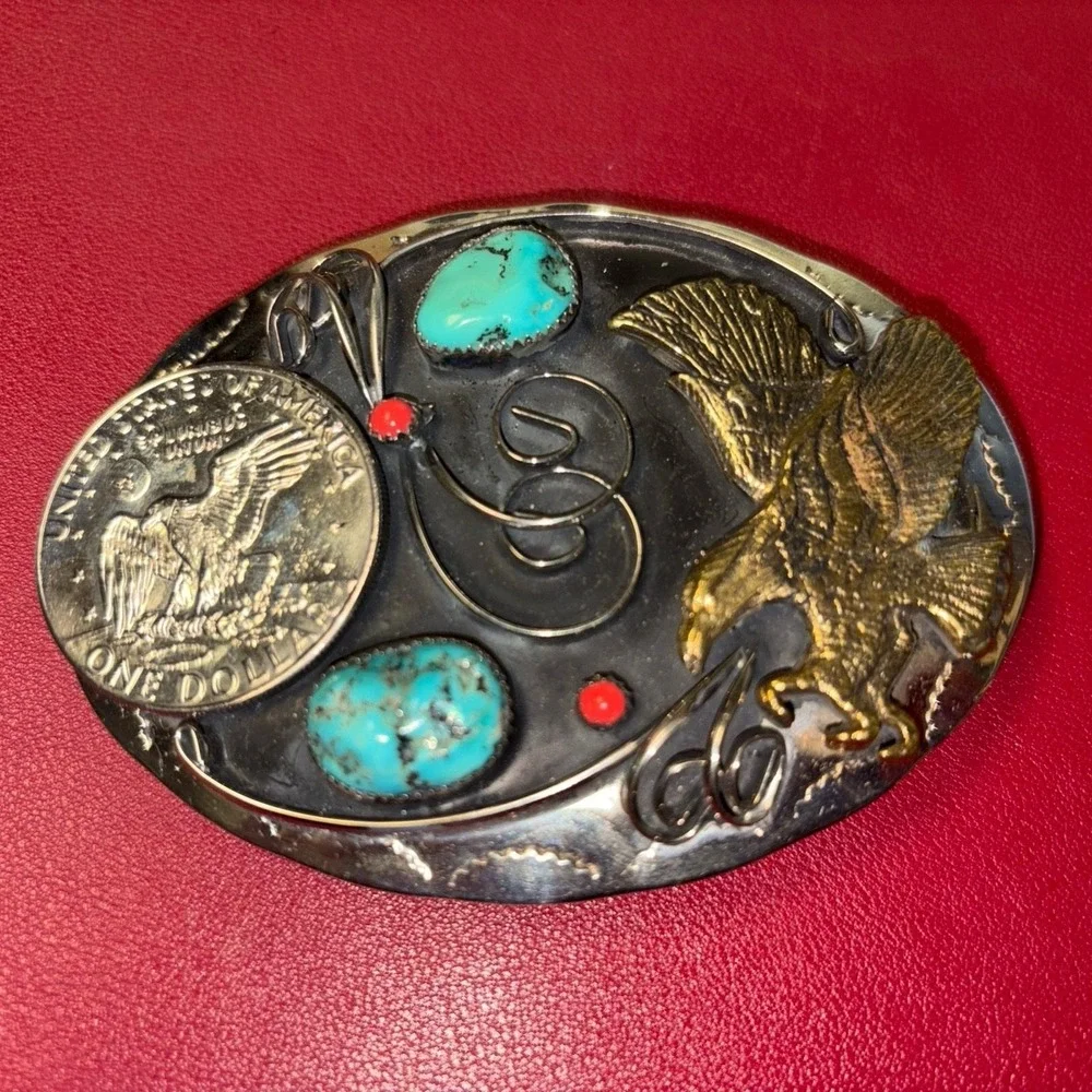 Large Turquoise and Coral Eagle Authentic $1 Coin Southwestern Style Belt Buckle